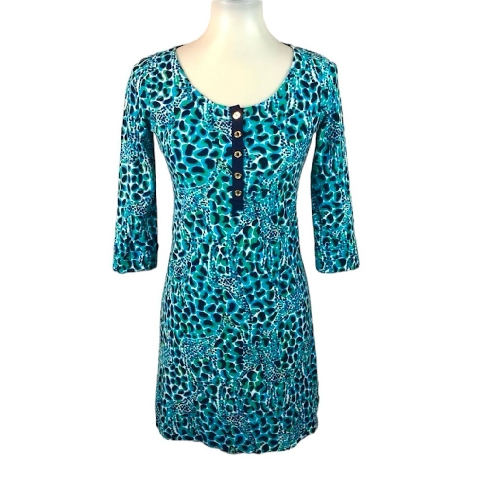 Lilly Pulitzer Cotton Caila Dress Gigi Henley Button Cyan Blue Giraffe Spotted